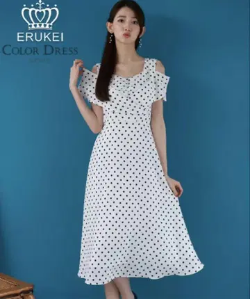 오픈 숄더, 포인트 프릴, 도트, 펄 비쥬, A 라인, 원피스