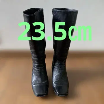 블랙 가죽 롱 부츠 미들 힐