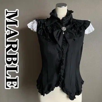 MARBLE 소매 프릴 반팔 셔츠 브로치 리본 타이 레이온 100%