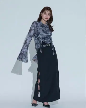 Ellno de Mavie 사이드 서클 컷 내로우 스커트 블랙