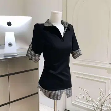 블랙 체크 무늬 옷깃 오분 소매 피케 셔츠