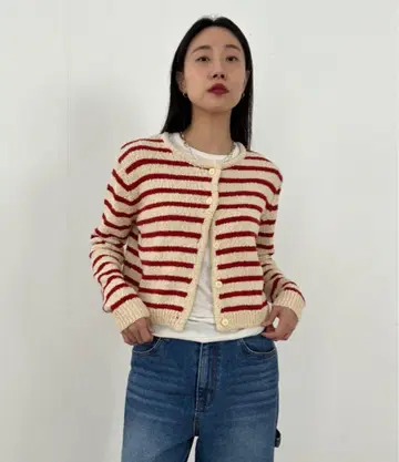 Didot.showroom 코튼 니트 노카라 보더 가디건