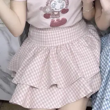 evelyn 볼륨 티어드 스커트 핑크 깅엄 체크