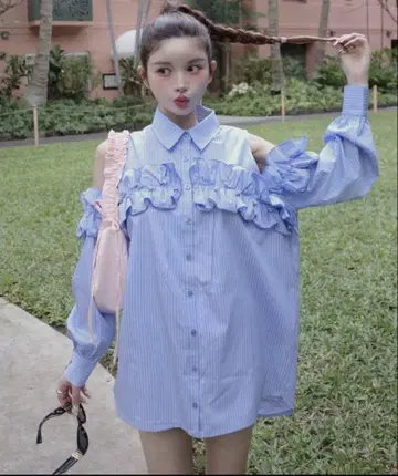 darich 멀티 스트라이프 프릴 셔츠 튜닉