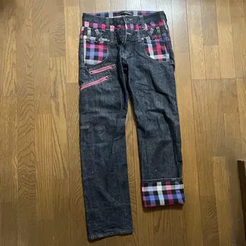 다크 데님 체크 무늬 팬츠 L 허리 82