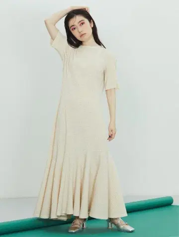 FURFUR 퍼퍼 깅엄 체크 저지 원피스 보타이