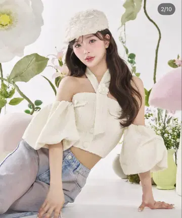 홀터넥 오프숄더 트위드 상의