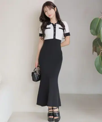 립 서비스 프론트 버튼 바이컬러 머메이드 원피스
