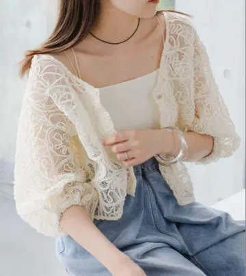 Kastane 시어 레이스 가디건 5부 소매 앞뒤 2way 카스타네