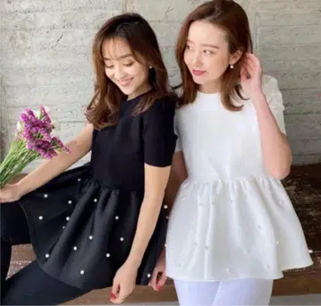 glamorous garden 반팔 본딩 밑단 펄 페플럼 탑