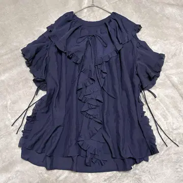 코코딜 BIG 프릴 블라우스 겉옷 셔츠 얇은 소재 반팔 네이비 M