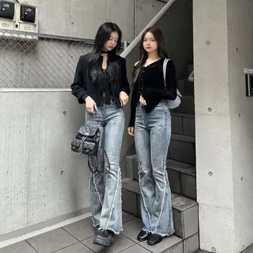 EMMY 프린지 디자인 플레어 데님 팬츠