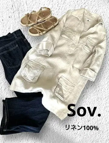 SOV. 원피스 고급 린넨 헤링본 7부 소매 스키퍼 새상품급