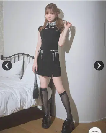 미셸 마카롱 체크 리본 미니 원피스