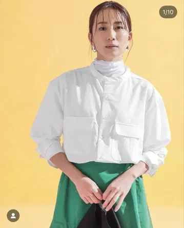 히가시하라 아키 프로듀스 화이트 버튼 셔츠 긴팔 스탠드 카라