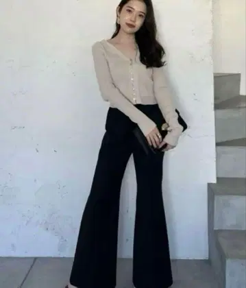 anuans 더블 크로스 핀턱 플레어 팬츠