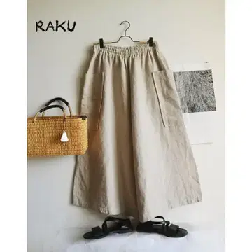 Raku 와다 유 린넨 포켓 와이드 팬츠