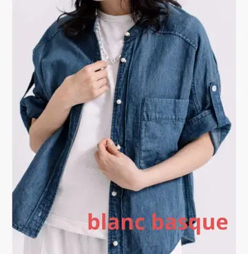 blanc basque 면 린넨 데님 펄 버튼 반팔 셔츠