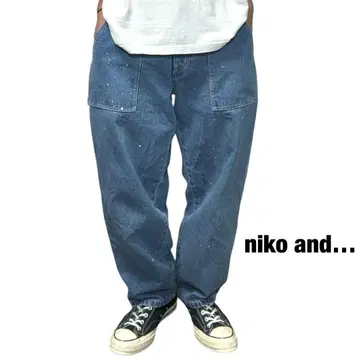 niko and 데님 페인터 팬츠 와이드 빈티지 가공 페인트 일점물