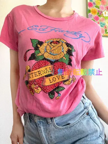 초레어 에드 하디 올 패턴 큐빅 하트 치비 T Y2K