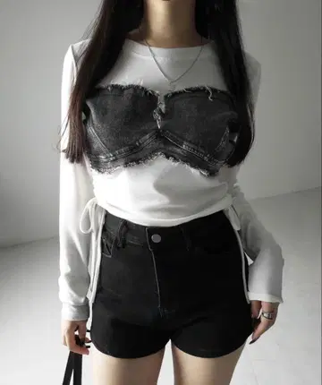 새상품 me+emselect 사이드 리본 데미지 데님 도킹 티셔츠
