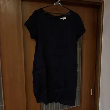 린넨 100% 네이비 반팔 원피스 글로벌 워크