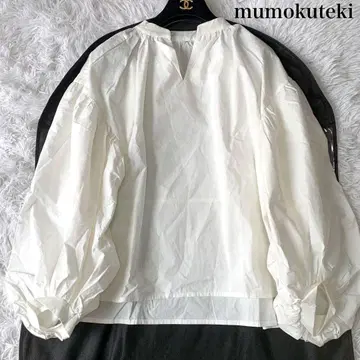 mumokuteki 볼륨 슬리브 키 넥 셔츠 블라우스 프리