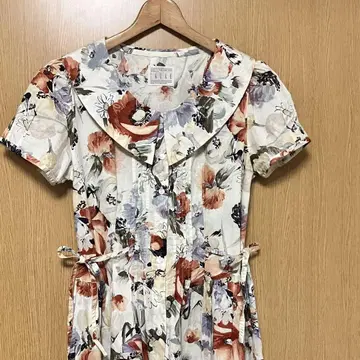 새상품급 이쿠코 롱 원피스 꽃무늬 셔츠 원피스 빅 칼라 리본