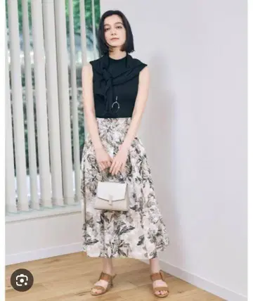 ANAYI 린넨 폴리 플라워 플레어 스커트