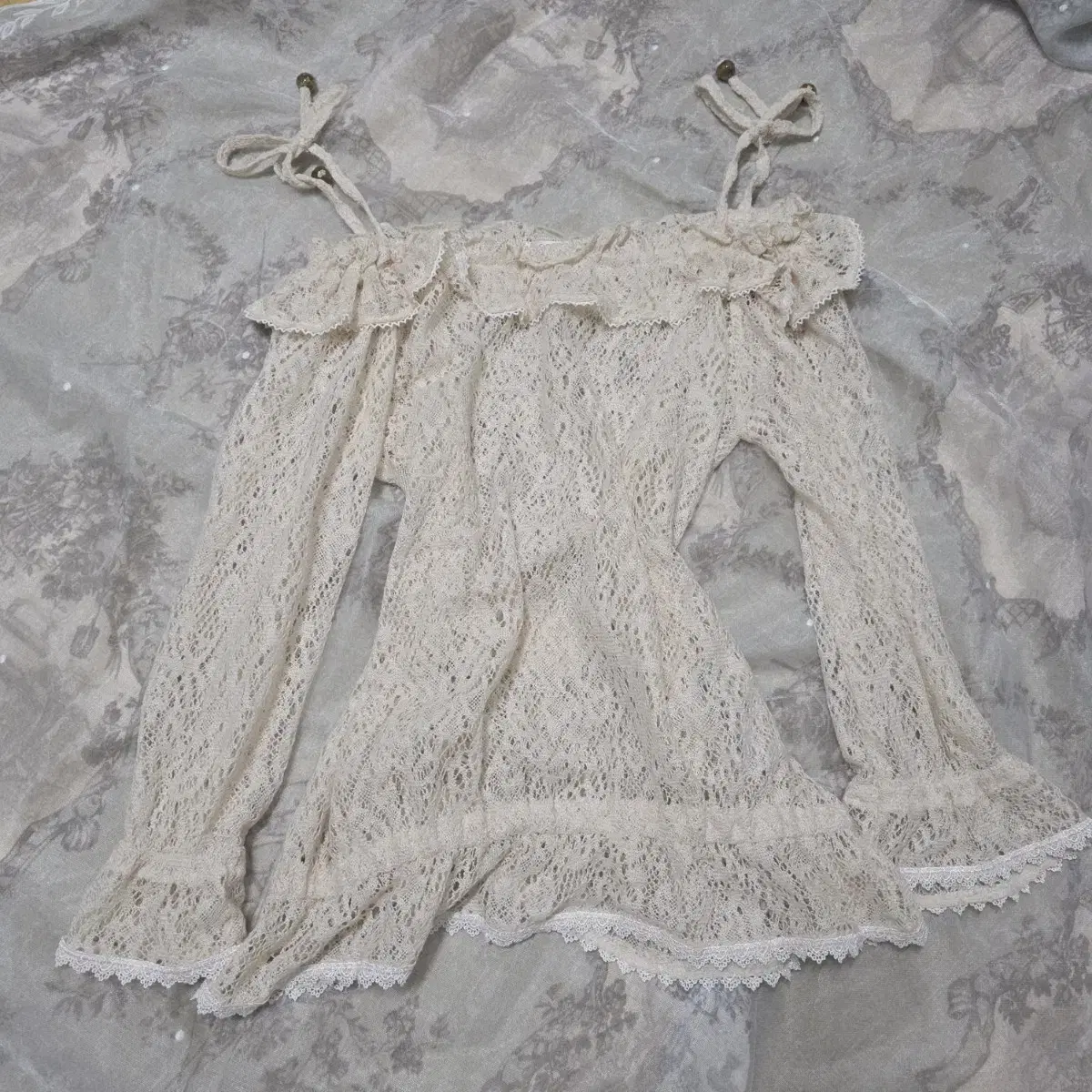 Vintage Latte Gyaru Mori Off-Shoulder Crochet Summer Knit Blouse