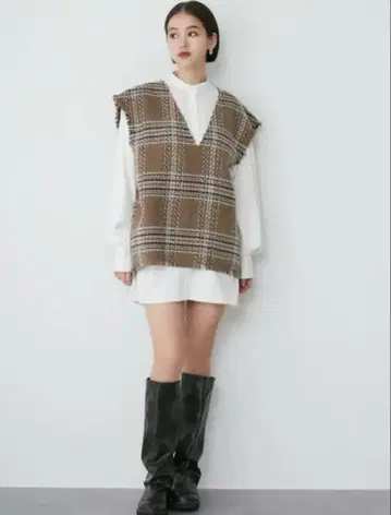 브라운 체크 무늬 니트 베스트 프리 사이즈