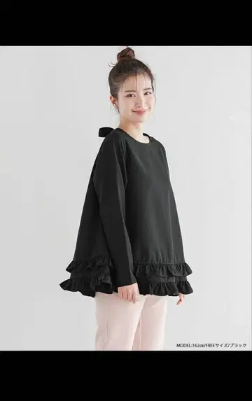 핏모어 Fit more 2단 프릴 백 리본 풀오버 블랙