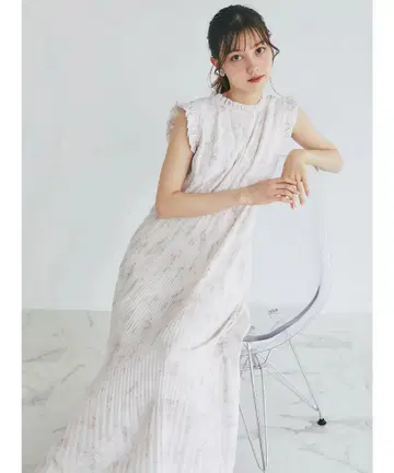 새상품 토코 리본&프릴 포함 플리츠 쉬폰 플라워 프린트 원피스