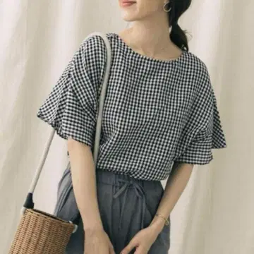 어반 리서치 플레어 슬리브 린넨 풀오버 깅엄 체크 블라우스