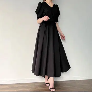 JUNOAH 원피스 퍼프 슬리브 카슈쿨 롱 원피스 블랙 검정