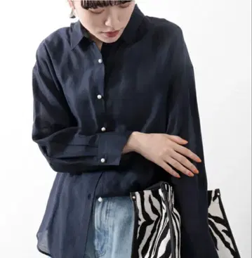 노리즈 시어 슬라브 펄 버튼 2웨이 셔츠 네이비