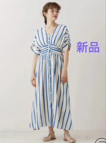 누키테파 COTTON VOILE STRIPE 허리 개더 드레스