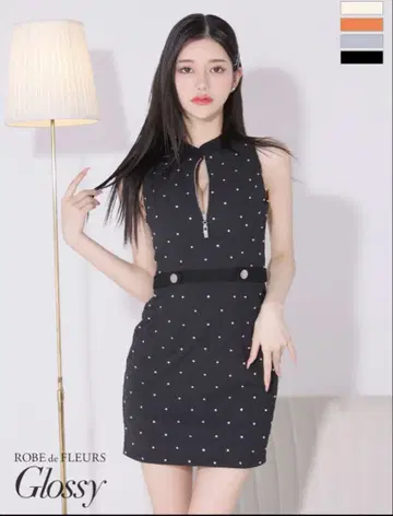 광택 프론트 지퍼 미니 드레스