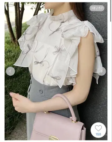 snidel 리본 슬리브 오간 시스루 블라우스 BEG