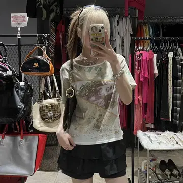페어리 그런지 티셔츠 y2k 헤이세이 카스레 프린트 모리 걸