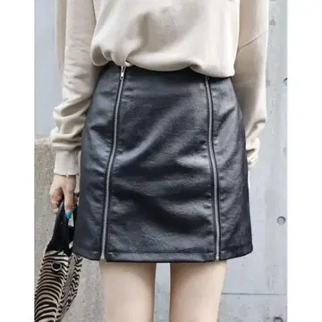 EVRIS 더블 지퍼 인조 가죽 미니 스커트 블랙