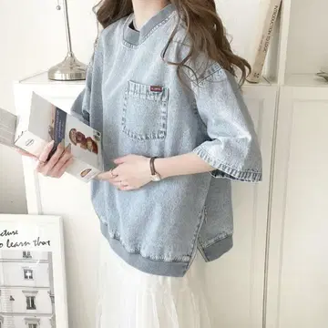 새상품 자바 콜라보 빈티지 가공 데님 반팔 티셔츠 풀오버 여성용 M