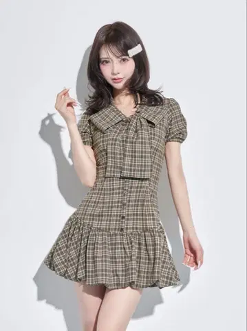 Darich 다리치 빅 리본 벌룬 체크 미니 원피스