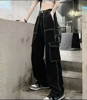 한국 블랙 데님 카고 팬츠