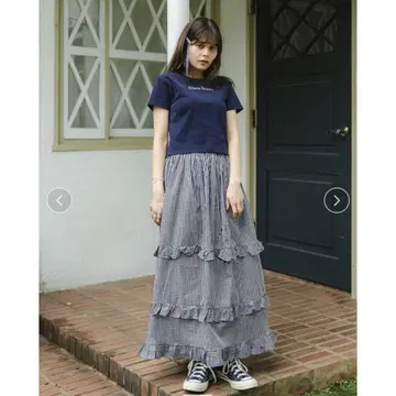 앨리슨 브라운 체크 프릴 롱 스커트