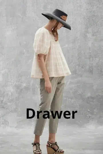 Drawer 드로어 코튼 실크 체크 개더 블라우스 38