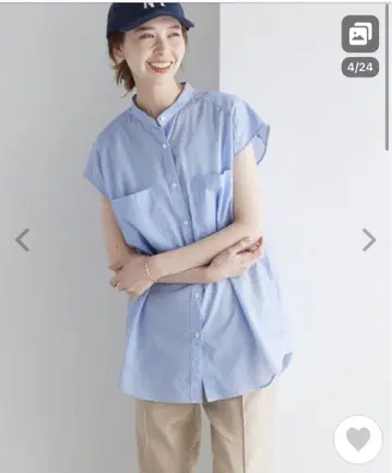 SLOBE IENA 밴드 카라 슬리브리스 셔츠 블루 계열