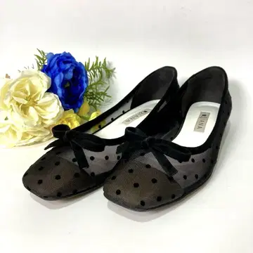 새상품급 다이애나 도트 튤 리본 펌프스 메쉬 스퀘어토 블랙