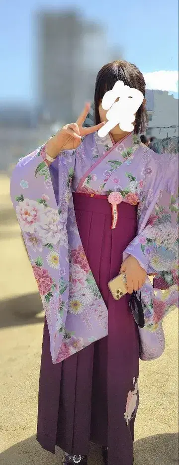보라색 꽃무늬 하카마 스타일 기모노