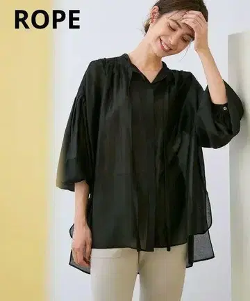 블랙 검정 블라우스 셔츠 여성용 ROPE 블라우스 리본 타이